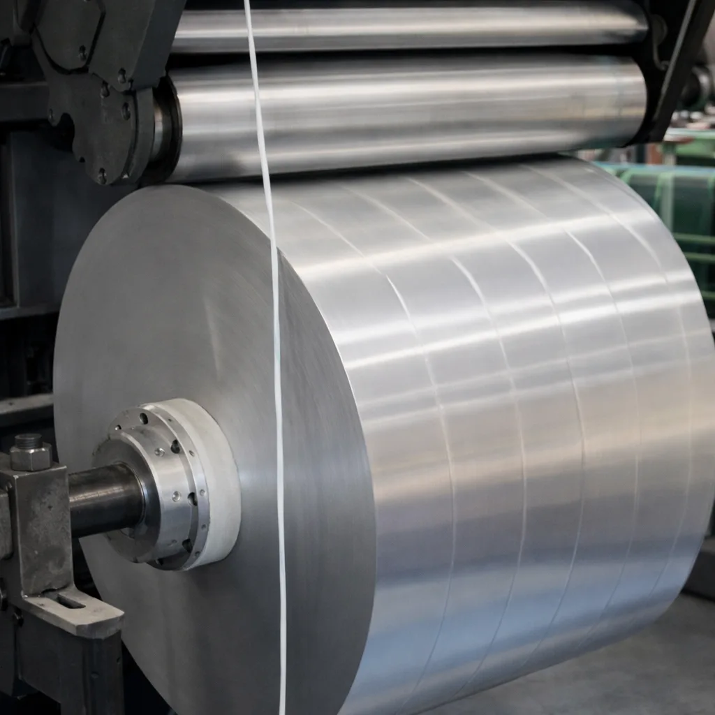 Bobina de aluminio puro en máquina de corte industrial