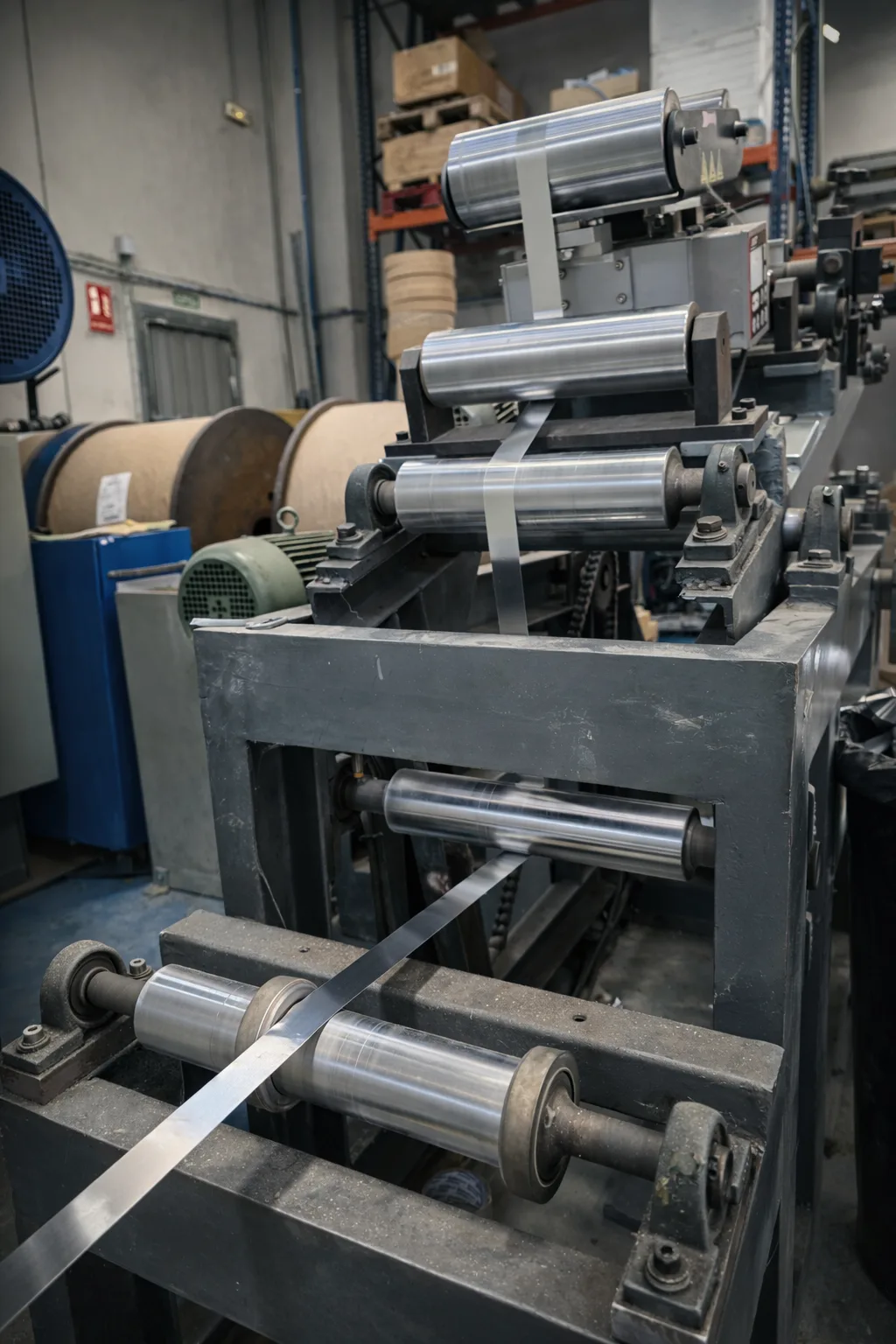 Máquina cortadora procesando cinta de aluminio puro en fábrica