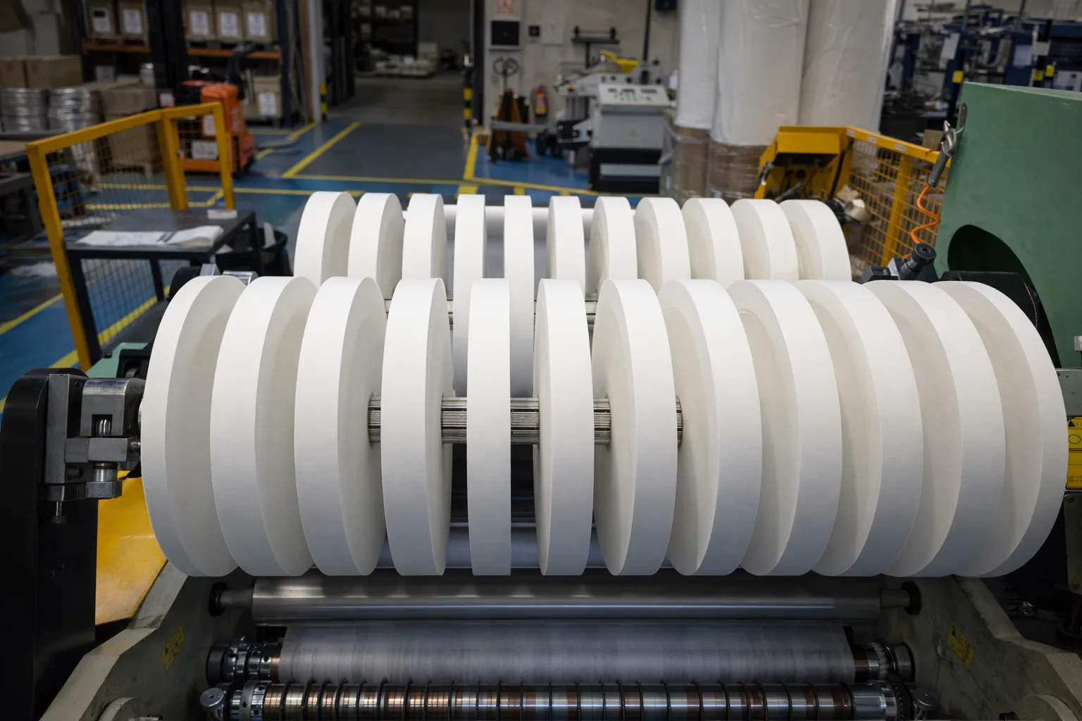 Bobinas de cinta retardante de llama en máquina cortadora industrial