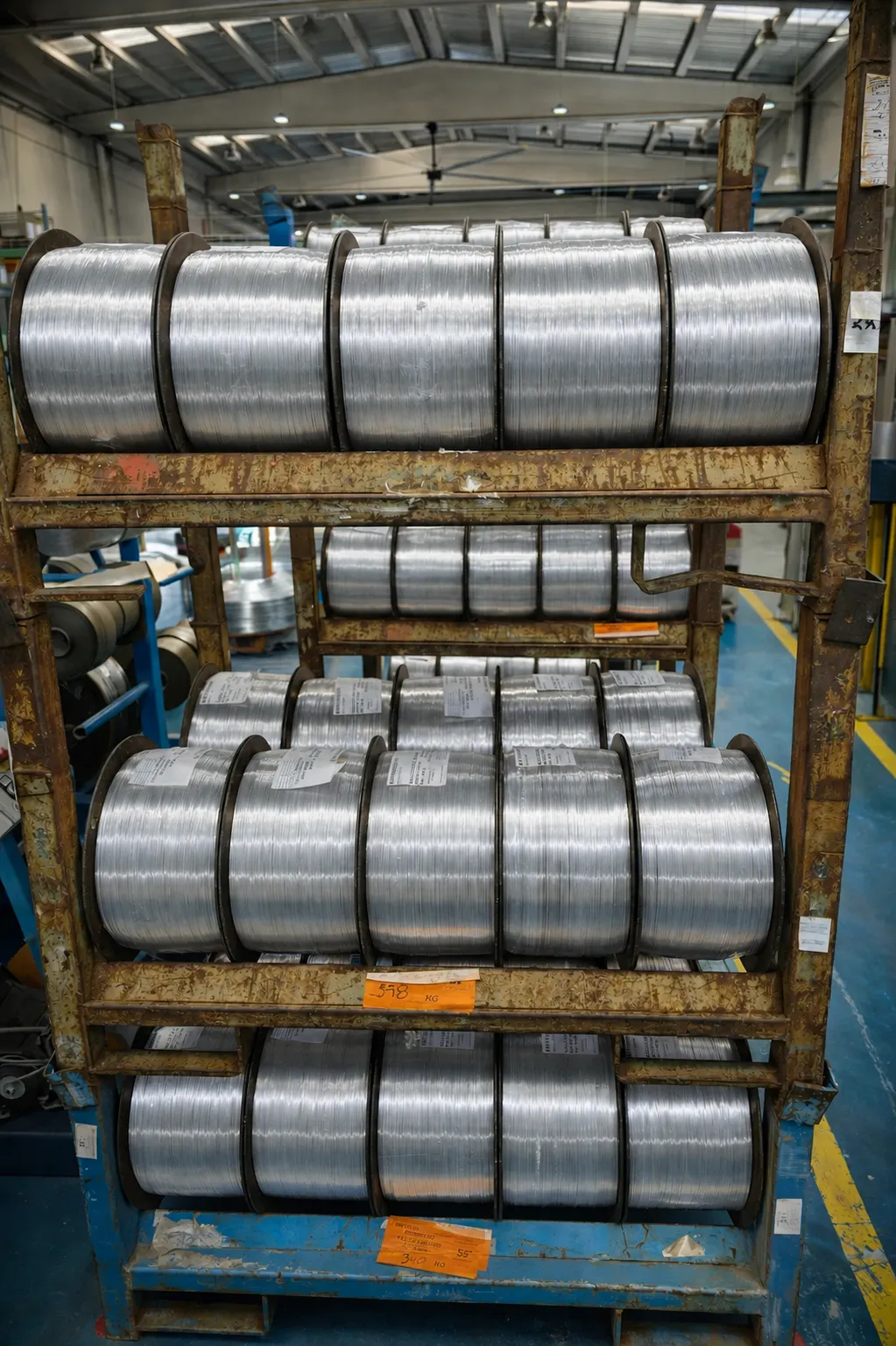 Estantería con bobinas DIN etiquetadas listas para envío